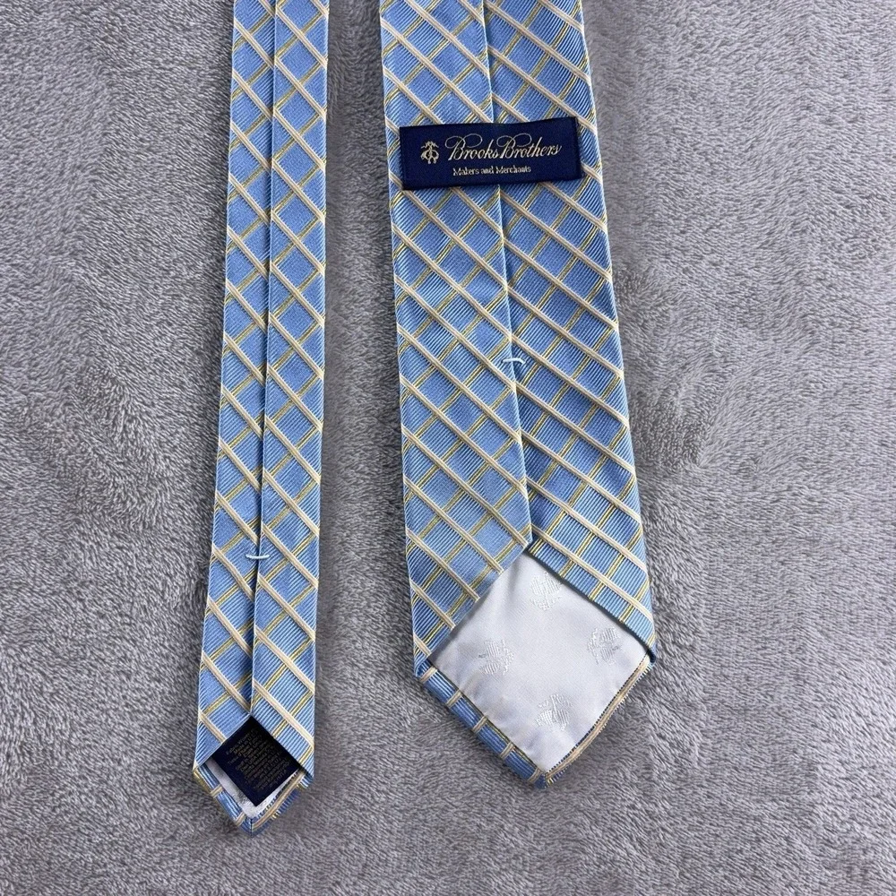 Brooks Brothers Necktie‎ Mens Blue Gold Windowpane Check Silk Classic Dress USA